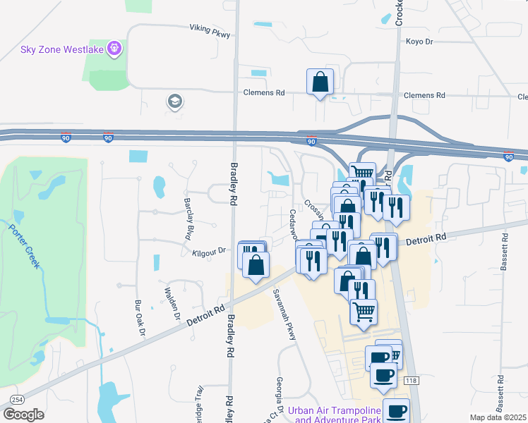 map of restaurants, bars, coffee shops, grocery stores, and more near 1544 Cedarwood Drive in Westlake