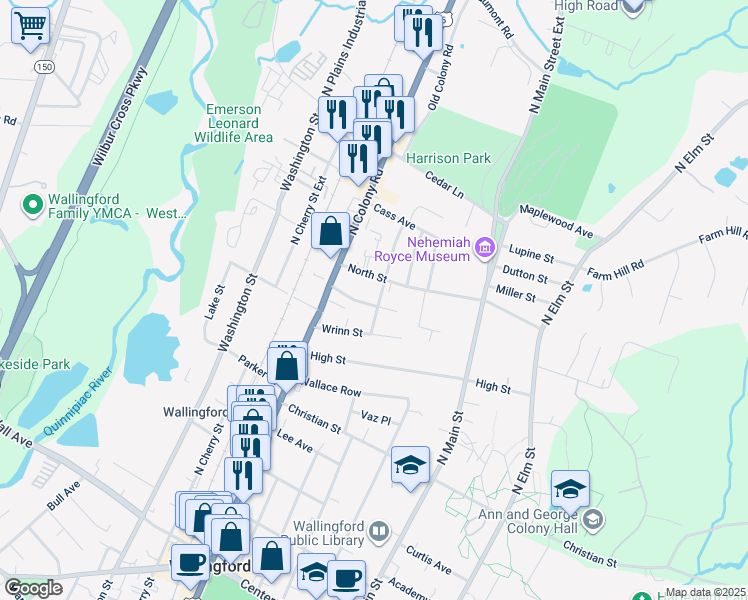 map of restaurants, bars, coffee shops, grocery stores, and more near 66 Wrinn Street in Wallingford