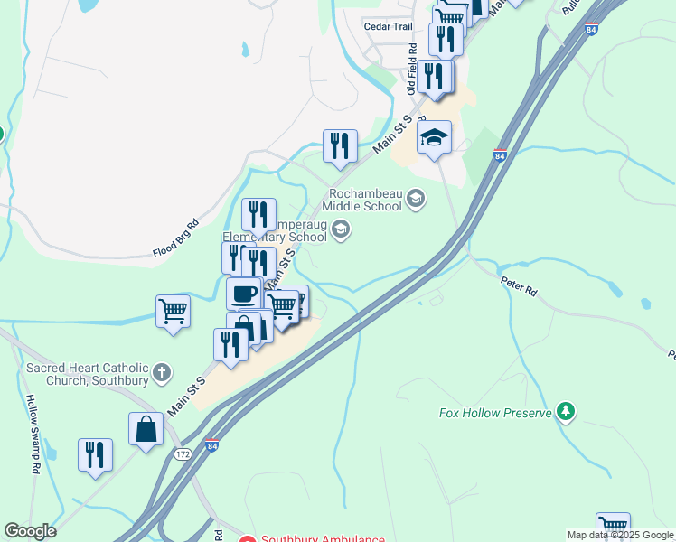 map of restaurants, bars, coffee shops, grocery stores, and more near 655 Main Street South in Southbury