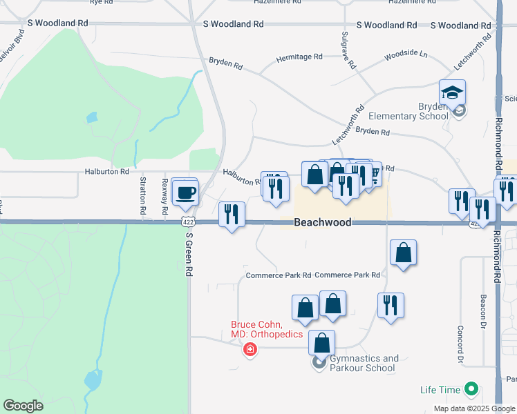 map of restaurants, bars, coffee shops, grocery stores, and more near 23305 Chagrin Boulevard in Beachwood