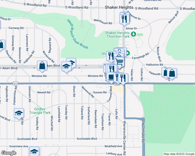 map of restaurants, bars, coffee shops, grocery stores, and more near 19762 U.S. 422 in Shaker Heights