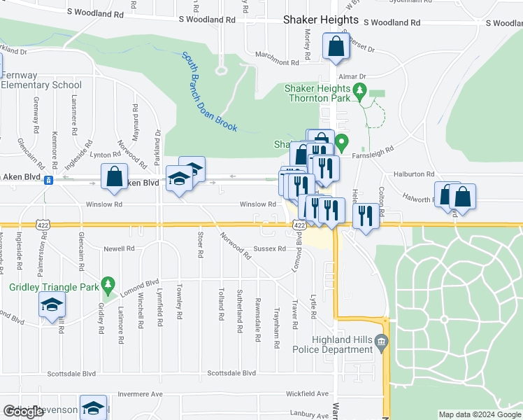 map of restaurants, bars, coffee shops, grocery stores, and more near 19762 U.S. 422 in Shaker Heights
