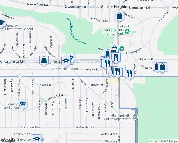 map of restaurants, bars, coffee shops, grocery stores, and more near 19620 U.S. 422 in Shaker Heights
