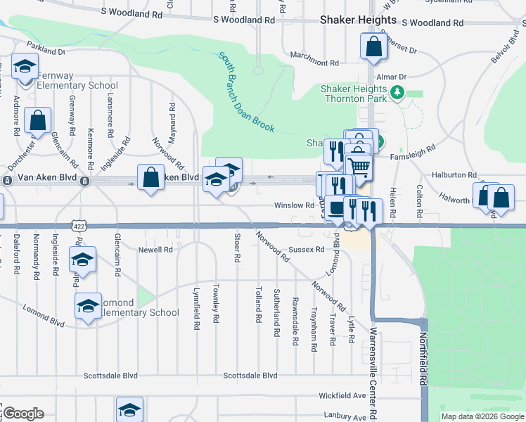 map of restaurants, bars, coffee shops, grocery stores, and more near 19413 U.S. 422 in Shaker Heights