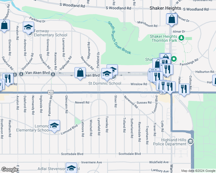 map of restaurants, bars, coffee shops, grocery stores, and more near 18928 U.S. 422 in Shaker Heights