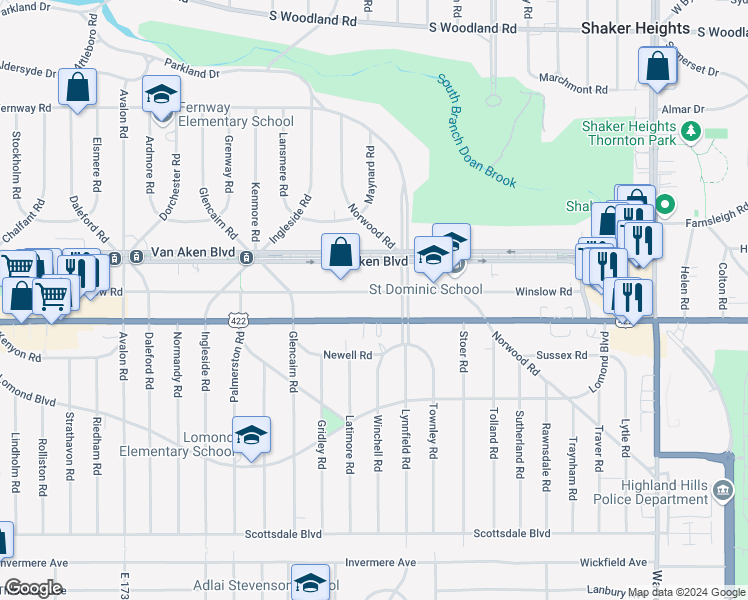 map of restaurants, bars, coffee shops, grocery stores, and more near 18526 U.S. 422 in Shaker Heights