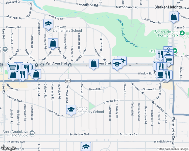 map of restaurants, bars, coffee shops, grocery stores, and more near 18526 U.S. 422 in Shaker Heights