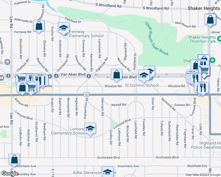 map of restaurants, bars, coffee shops, grocery stores, and more near 18402 U.S. 422 in Shaker Heights