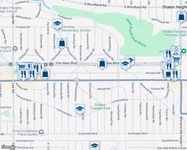 map of restaurants, bars, coffee shops, grocery stores, and more near 18402 U.S. 422 in Shaker Heights