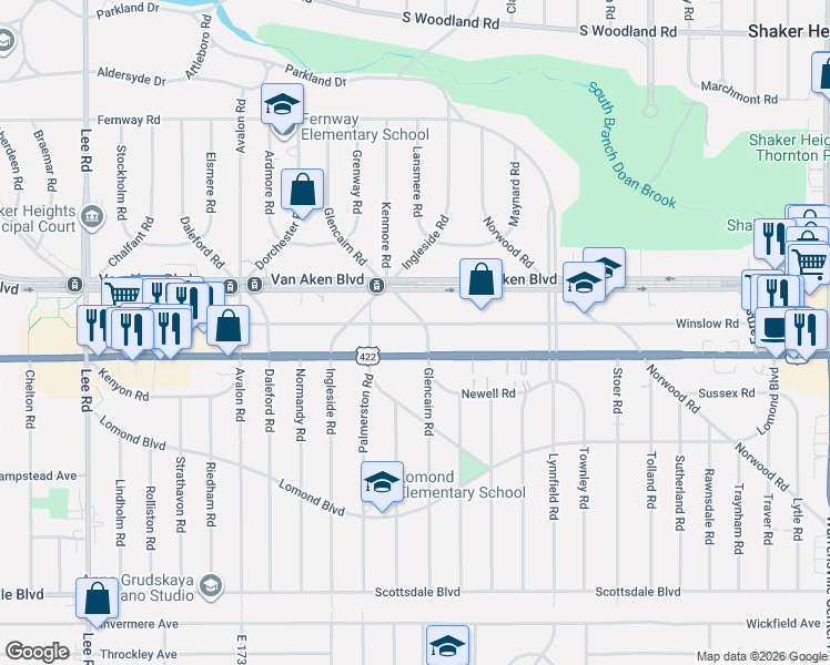 map of restaurants, bars, coffee shops, grocery stores, and more near in Shaker Heights