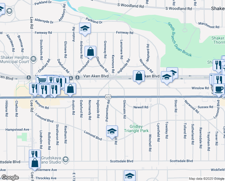 map of restaurants, bars, coffee shops, grocery stores, and more near 17916 Chagrin Boulevard in Shaker Heights