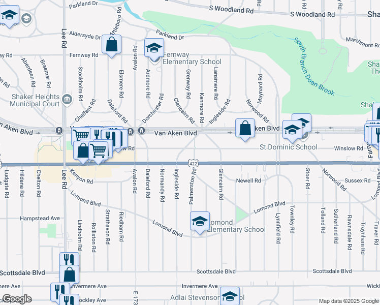 map of restaurants, bars, coffee shops, grocery stores, and more near 17707 Chagrin Boulevard in Shaker Heights