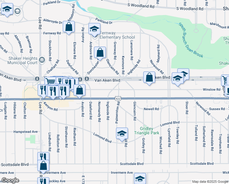 map of restaurants, bars, coffee shops, grocery stores, and more near 17707 Chagrin Boulevard in Shaker Heights