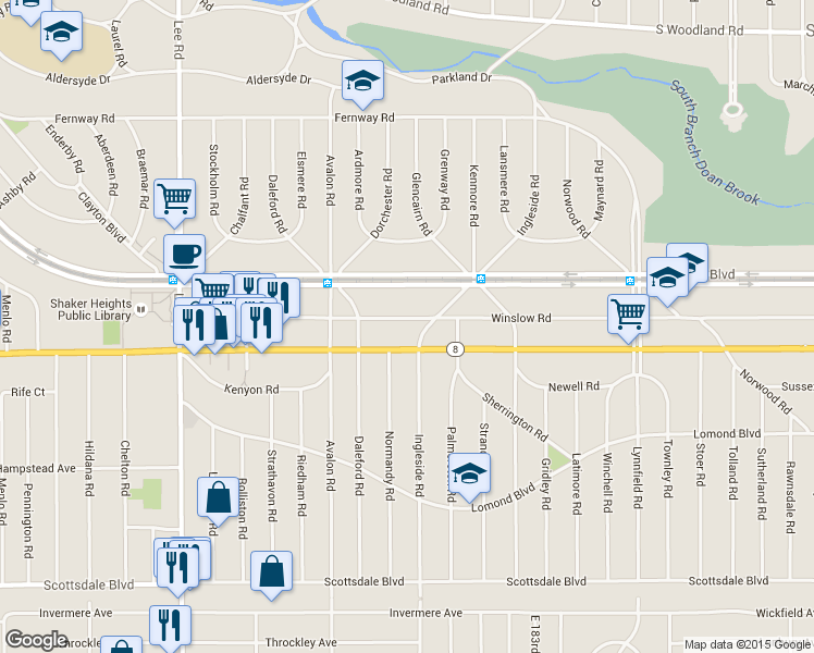 map of restaurants, bars, coffee shops, grocery stores, and more near 17600 Chagrin Boulevard in Shaker Heights
