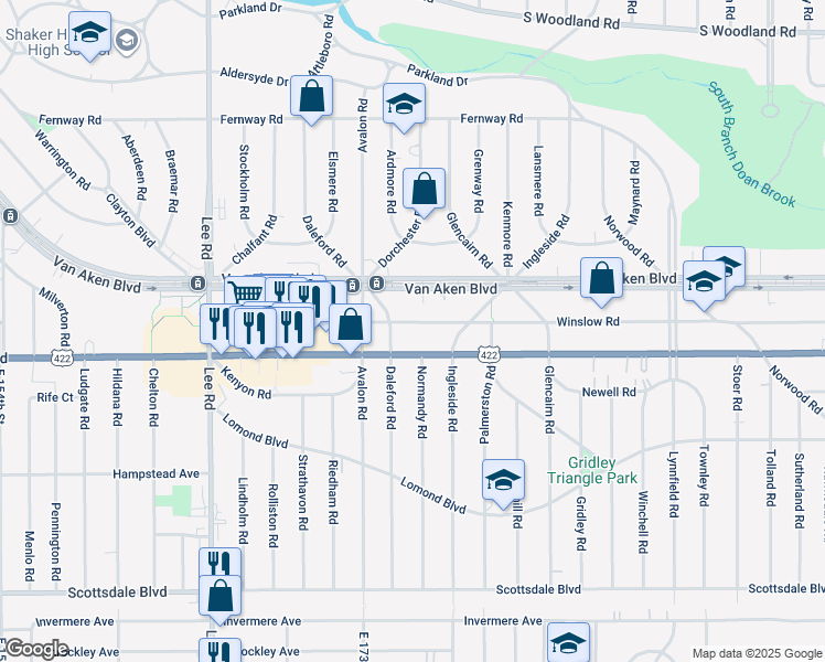 map of restaurants, bars, coffee shops, grocery stores, and more near 17600 Chagrin Boulevard in Shaker Heights