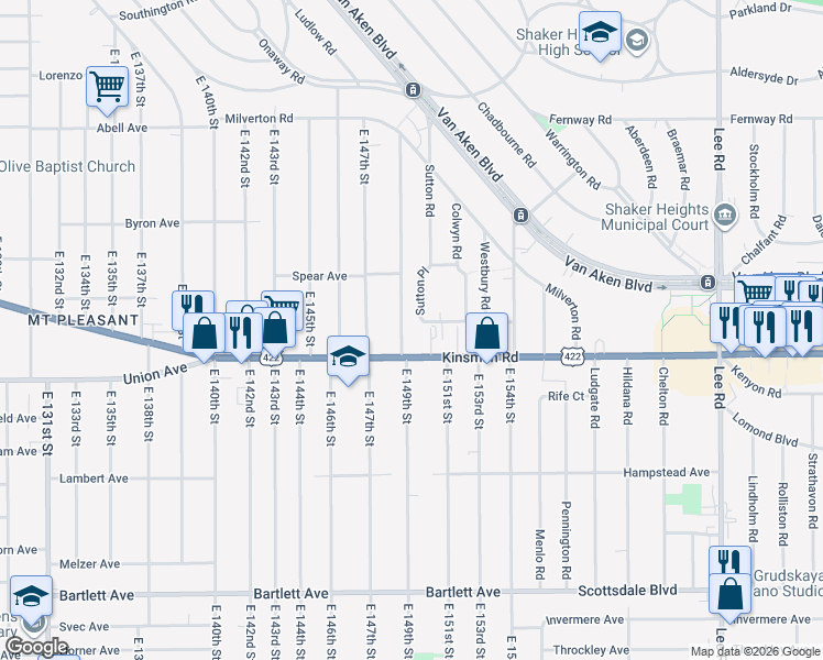 map of restaurants, bars, coffee shops, grocery stores, and more near 14887 Kinsman Road in Cleveland