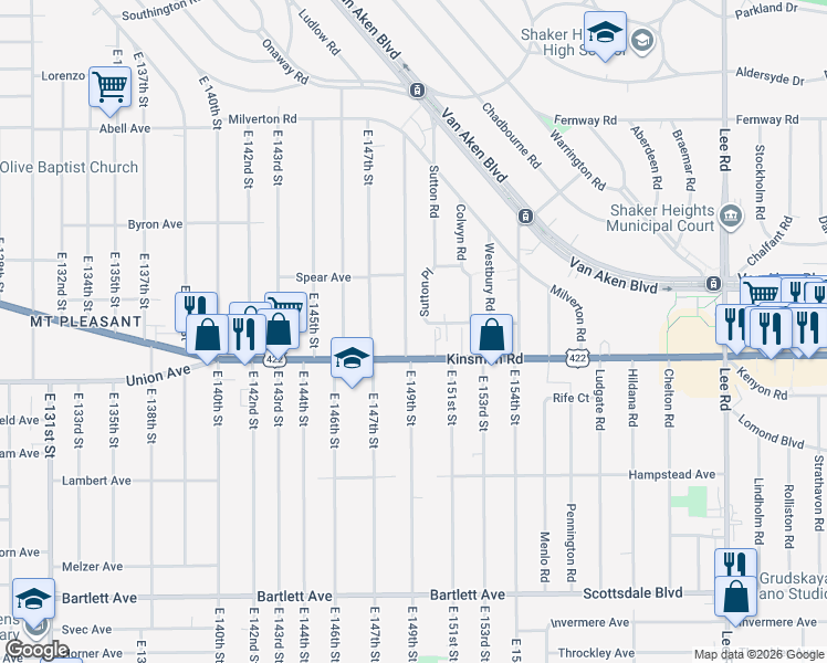map of restaurants, bars, coffee shops, grocery stores, and more near 14887 Kinsman Road in Cleveland