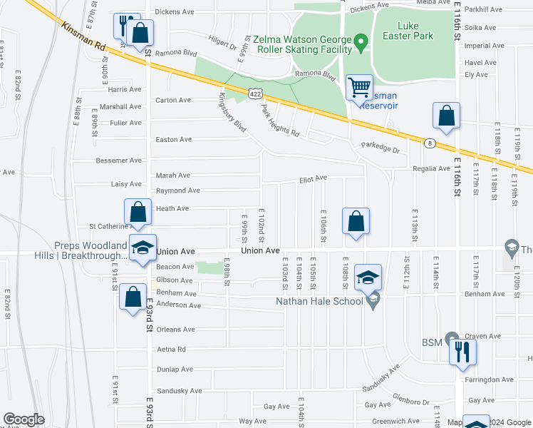 map of restaurants, bars, coffee shops, grocery stores, and more near 3454 East 102nd Street in Cleveland