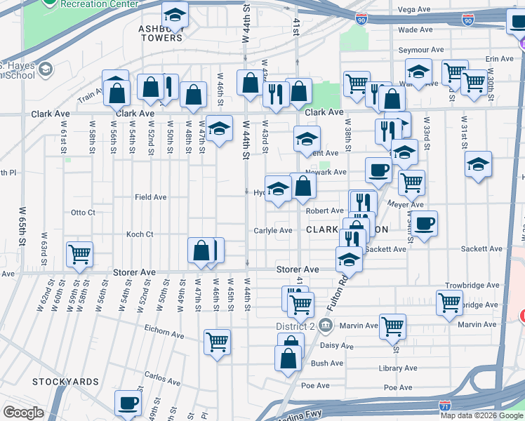 map of restaurants, bars, coffee shops, grocery stores, and more near 3288 West 43rd Street in Cleveland