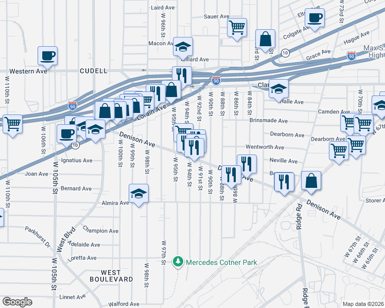 map of restaurants, bars, coffee shops, grocery stores, and more near 9105 Denison Avenue in Cleveland