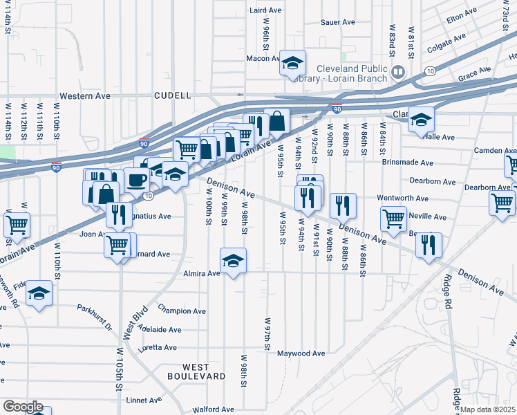 map of restaurants, bars, coffee shops, grocery stores, and more near 3292 West 97th Street in Cleveland