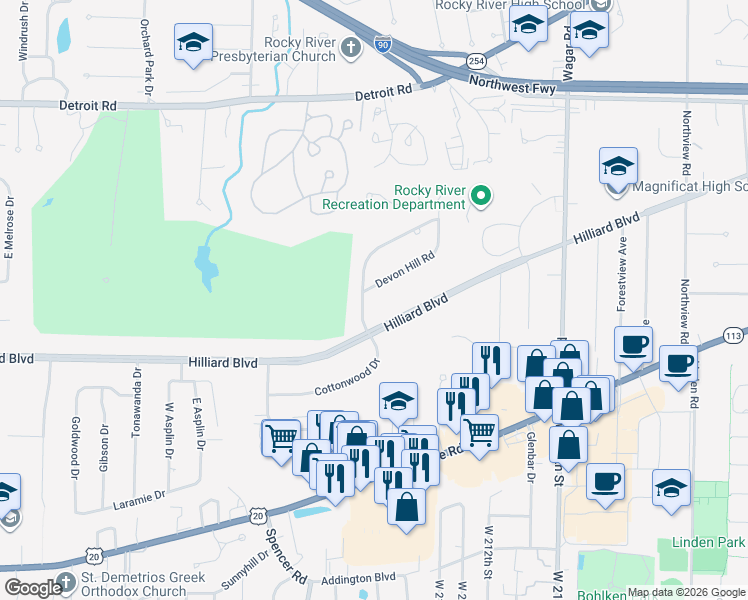 map of restaurants, bars, coffee shops, grocery stores, and more near 21700 Hilliard Boulevard in Rocky River