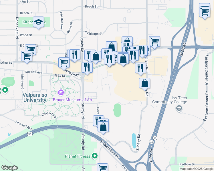 map of restaurants, bars, coffee shops, grocery stores, and more near 368 Taylor Lane in Valparaiso