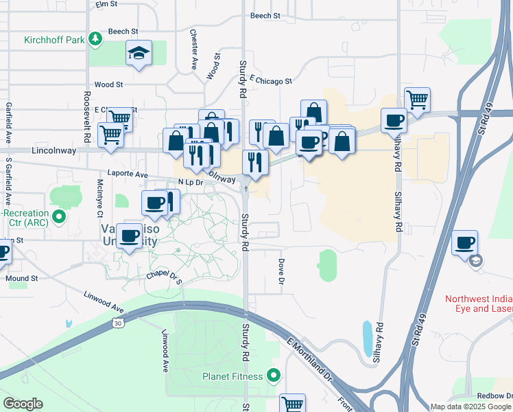 map of restaurants, bars, coffee shops, grocery stores, and more near 364 Mayfield Avenue in Valparaiso