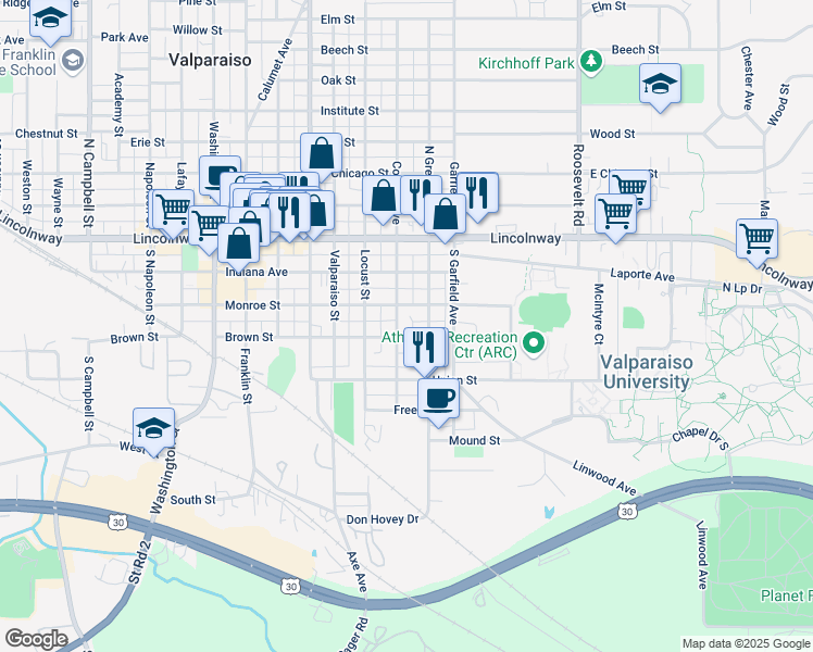 map of restaurants, bars, coffee shops, grocery stores, and more near 352-356 College Avenue in Valparaiso