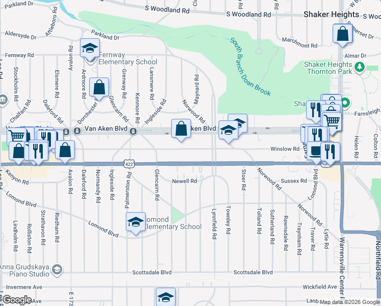 map of restaurants, bars, coffee shops, grocery stores, and more near 18526 U.S. 422 in Shaker Heights