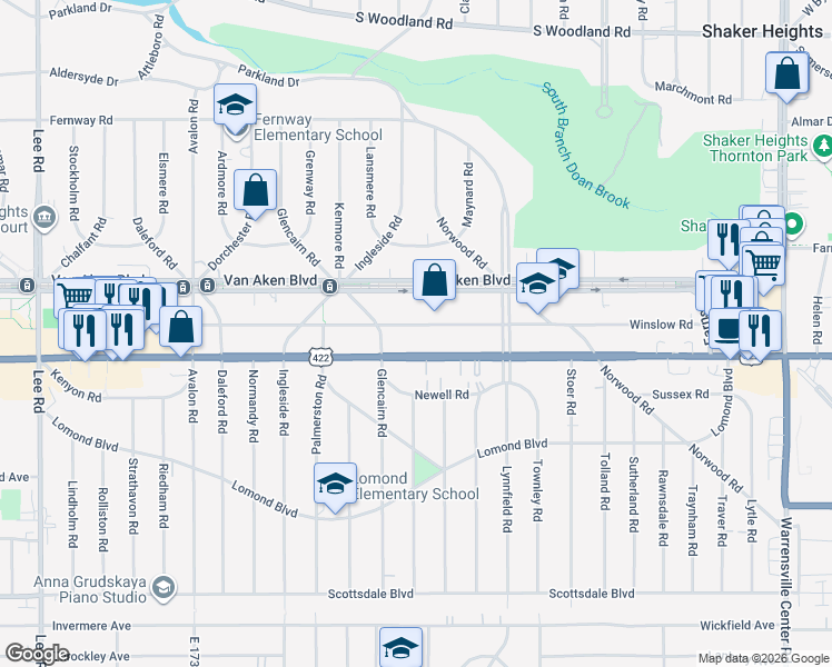 map of restaurants, bars, coffee shops, grocery stores, and more near 18402 U.S. 422 in Shaker Heights