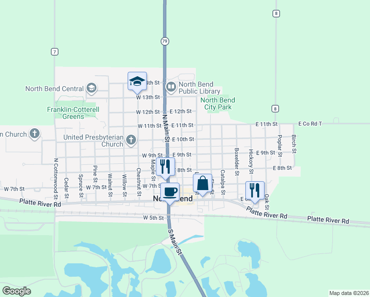 map of restaurants, bars, coffee shops, grocery stores, and more near 841 Mulberry Street in North Bend