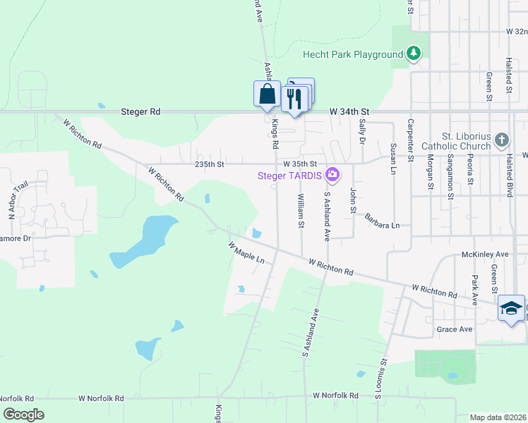 map of restaurants, bars, coffee shops, grocery stores, and more near 23360 Kings Road in Steger