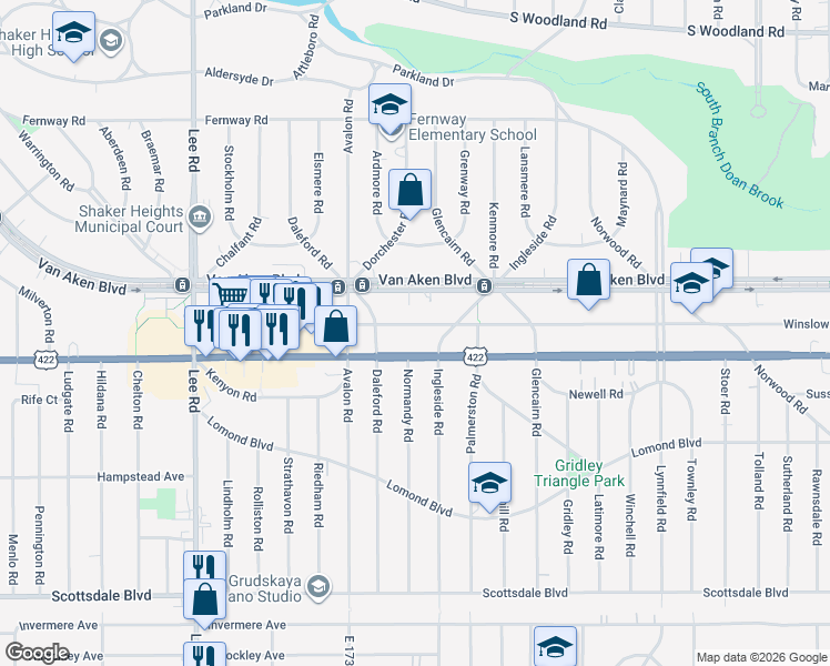 map of restaurants, bars, coffee shops, grocery stores, and more near 17600 Chagrin Boulevard in Shaker Heights