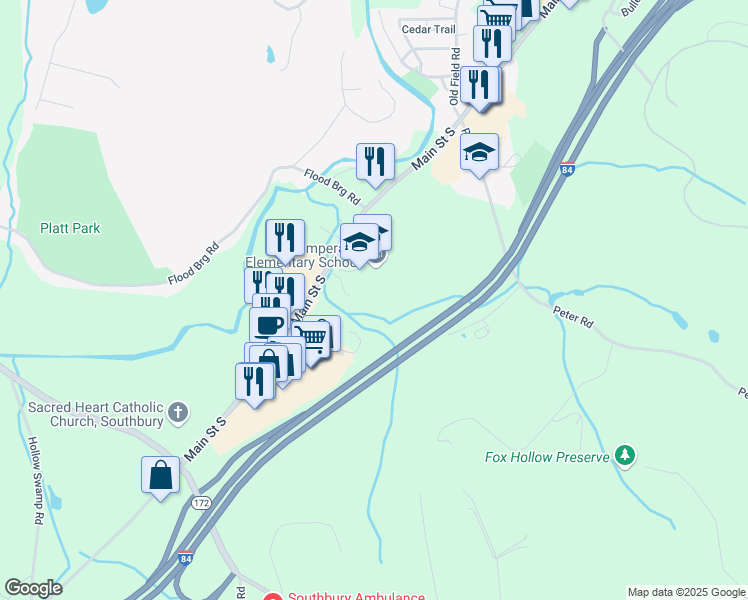 map of restaurants, bars, coffee shops, grocery stores, and more near 655 Main Street South in Southbury
