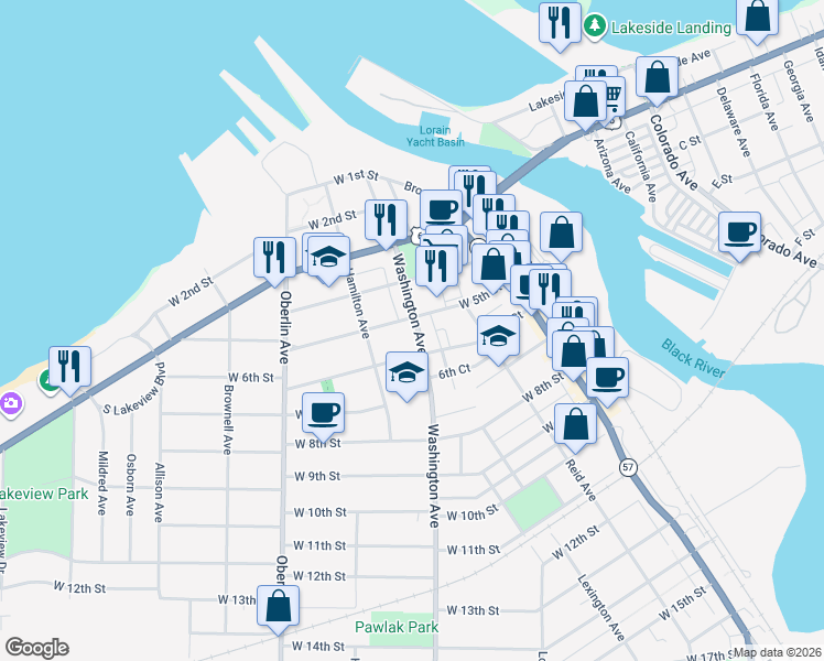 map of restaurants, bars, coffee shops, grocery stores, and more near 516 Washington Avenue in Lorain