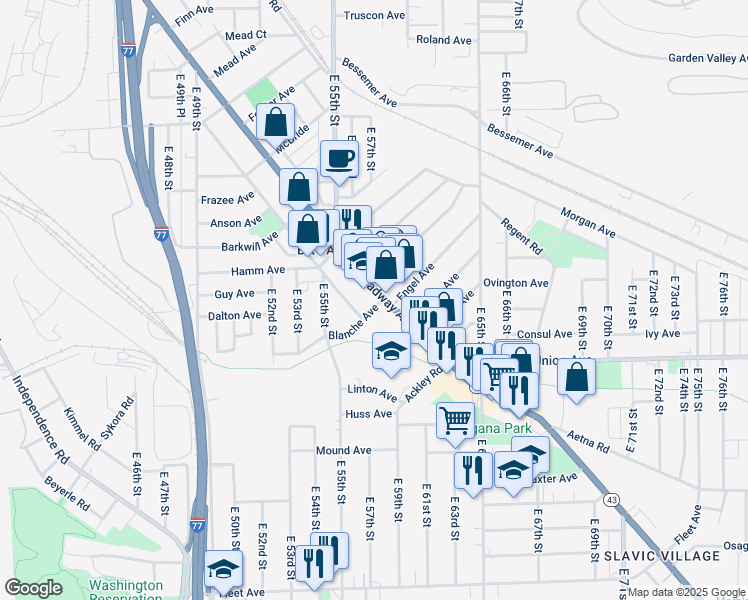 map of restaurants, bars, coffee shops, grocery stores, and more near 5648-5798 Blanche Ave in Cleveland