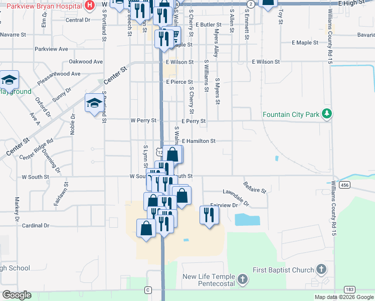 map of restaurants, bars, coffee shops, grocery stores, and more near 215 East Hamilton Street in Bryan