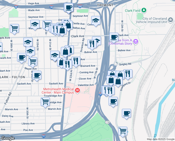 map of restaurants, bars, coffee shops, grocery stores, and more near 1910 Brainard Avenue in Cleveland