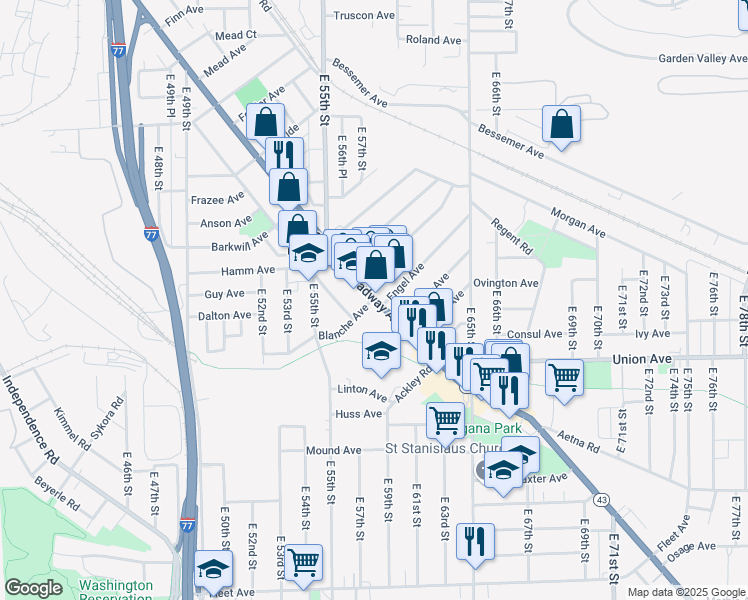 map of restaurants, bars, coffee shops, grocery stores, and more near 5846 Broadway Avenue in Cleveland