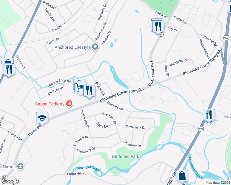 map of restaurants, bars, coffee shops, grocery stores, and more near 388 New York 94 in New Windsor