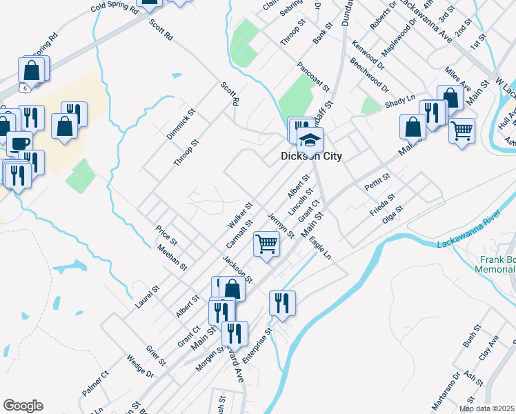 map of restaurants, bars, coffee shops, grocery stores, and more near 311 Jermyn Street in Dickson City