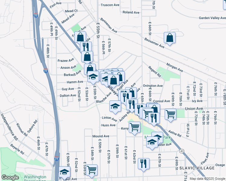 map of restaurants, bars, coffee shops, grocery stores, and more near 5846 Broadway Avenue in Cleveland
