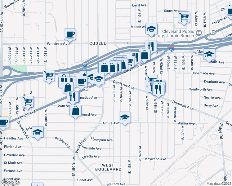 map of restaurants, bars, coffee shops, grocery stores, and more near 9917 Denison Avenue in Cleveland