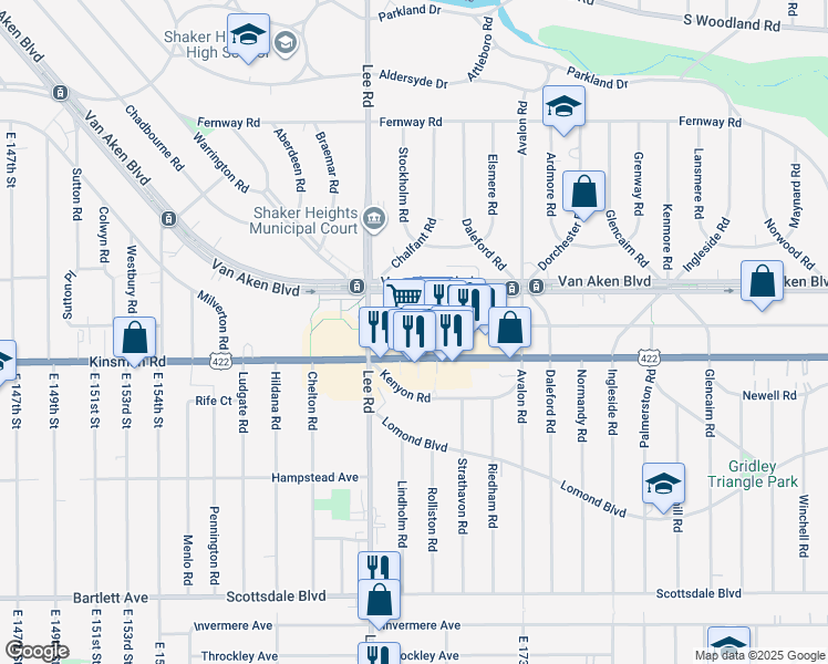 map of restaurants, bars, coffee shops, grocery stores, and more near Winslow Court in Shaker Heights