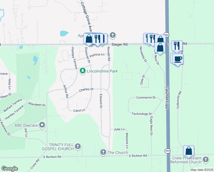 map of restaurants, bars, coffee shops, grocery stores, and more near 3518 Ronald Road in Crete