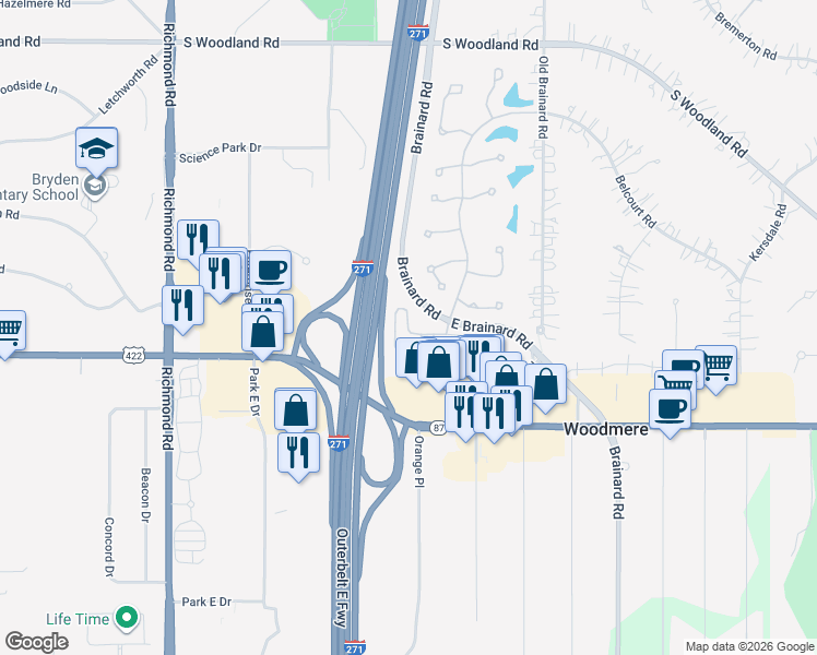 map of restaurants, bars, coffee shops, grocery stores, and more near 6126 North Pointe Drive in Pepper Pike