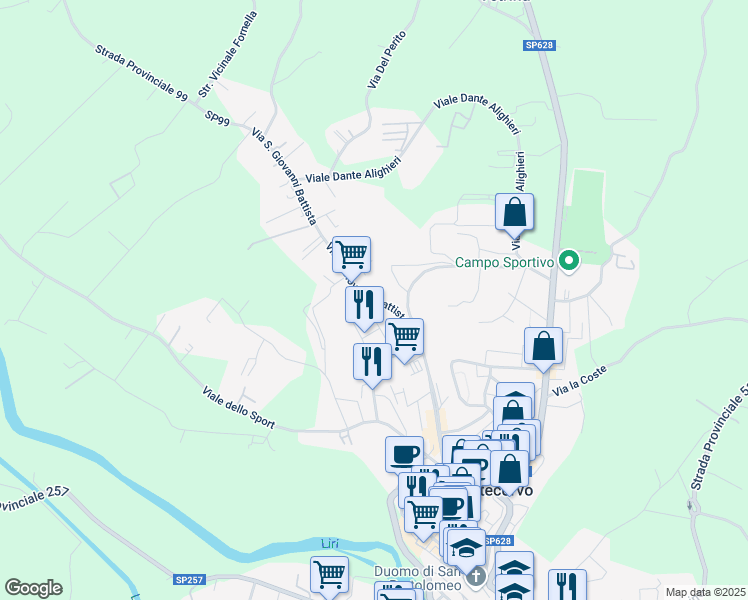 map of restaurants, bars, coffee shops, grocery stores, and more near Via San Giovanni Battista in Pontecorvo