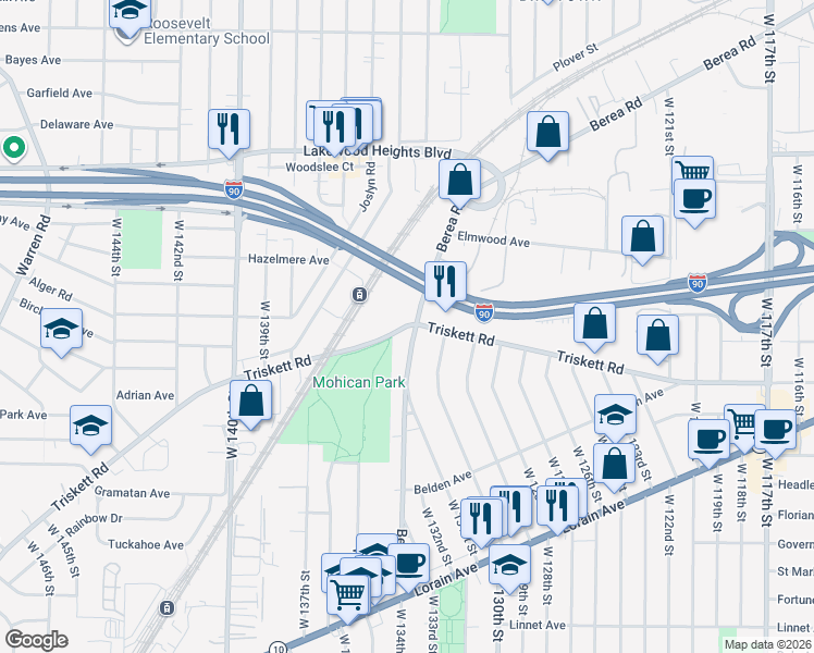 map of restaurants, bars, coffee shops, grocery stores, and more near 13103 Triskett Road in Cleveland