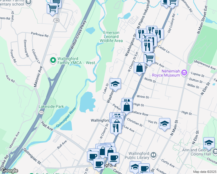map of restaurants, bars, coffee shops, grocery stores, and more near 56 Lake Street in Wallingford